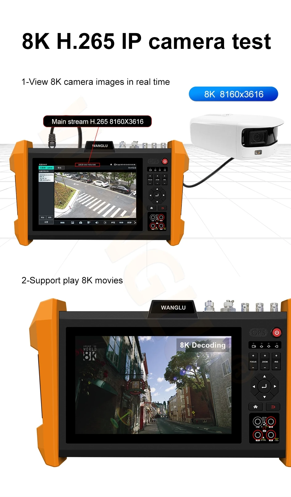 New Android system 8K H.265 IP AHD TVI CVI SDI IP CVBS All in one WIFI camera cable POE tester