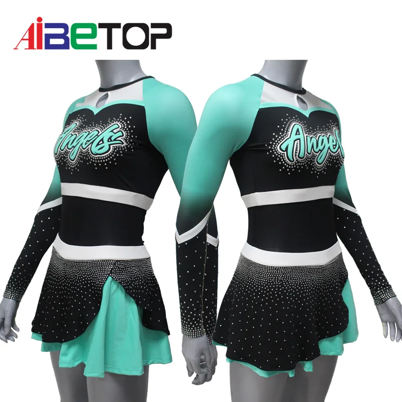 Sublimation Logo Competition Women Cheerleading Uniform Green And Black ...