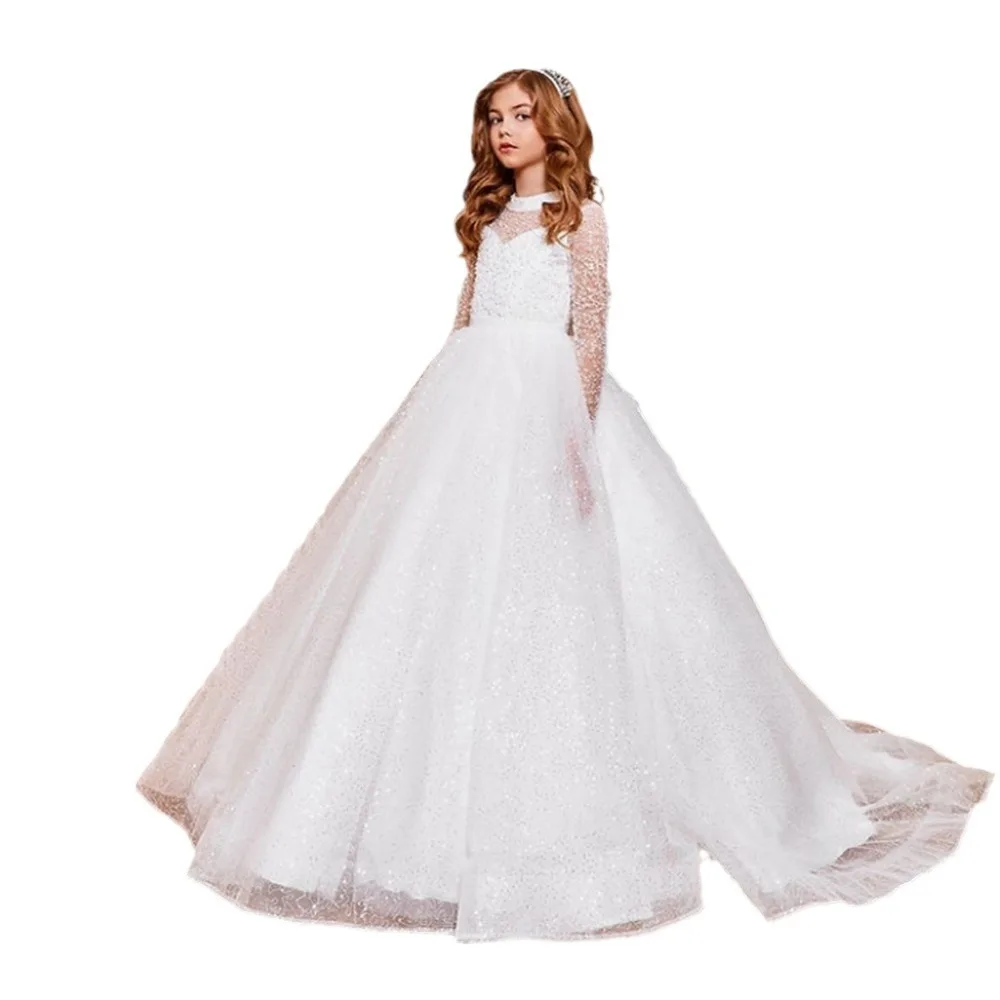 S0303r New White Lace Long Sleeves Back Bow Heavy Beads Luxury Fashion Elegant Fairy Flower Girl Dress