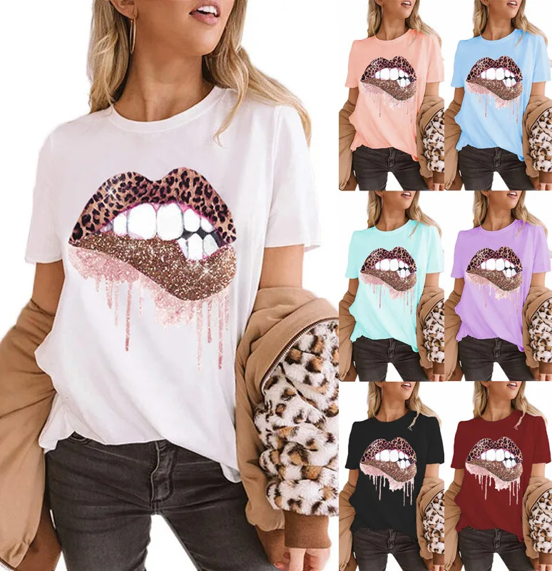  Camiseta divertida con cuello en V para mujer, diseño de labios  de leopardo para mujer : Ropa, Zapatos y Joyería
