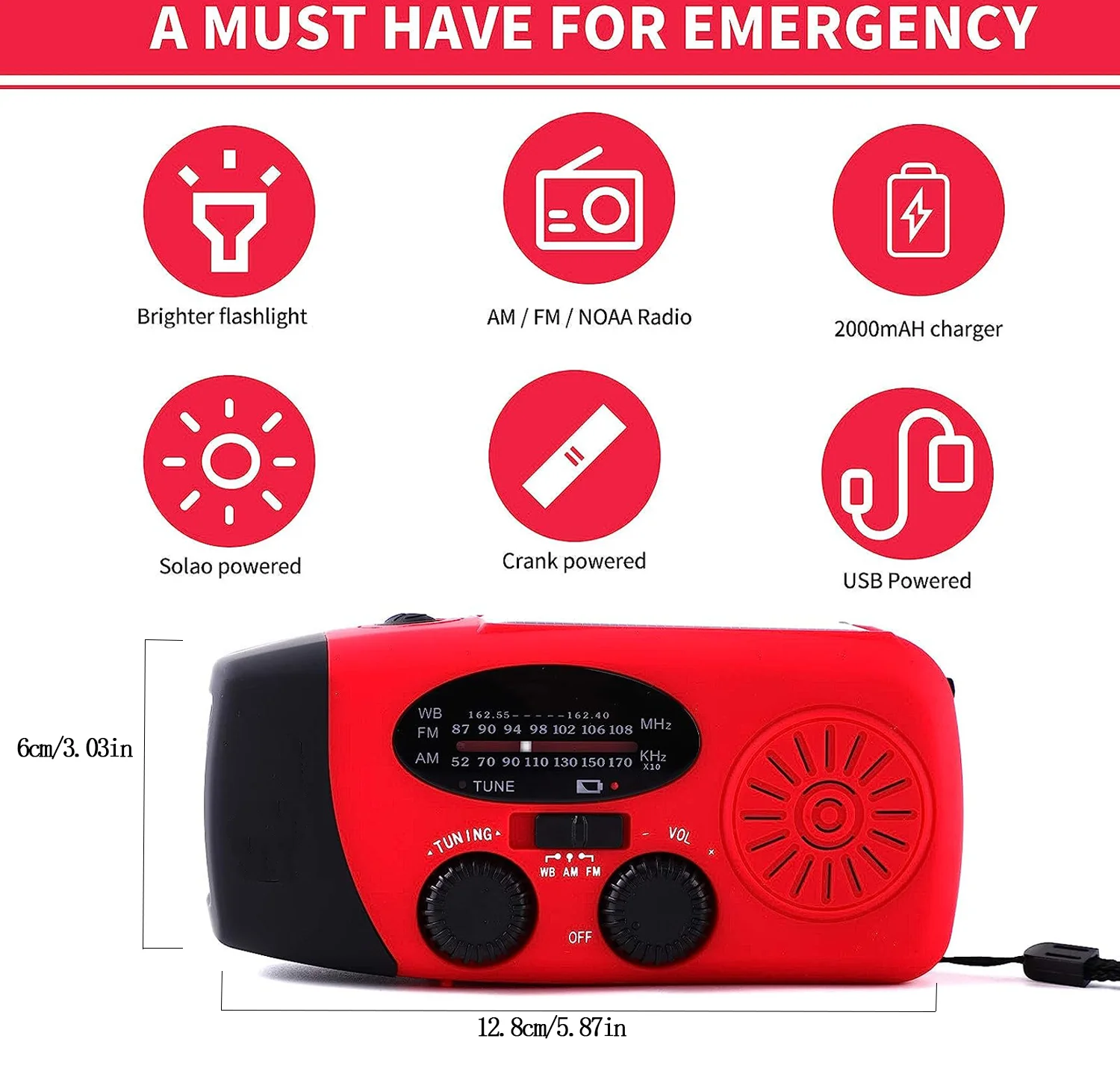 Portable Hand Crank Solar Dynamo Rechargeable NOAA Weather Alert Emerncy Radio With Speaker 2000mah