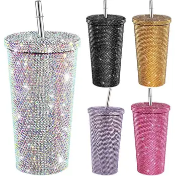 Studded Bling Diamond Tumbler Glitter Water Bottle with Lid Rhinestone Tumbler with 1 Cup Brush and 1 Straw Brushes for Women