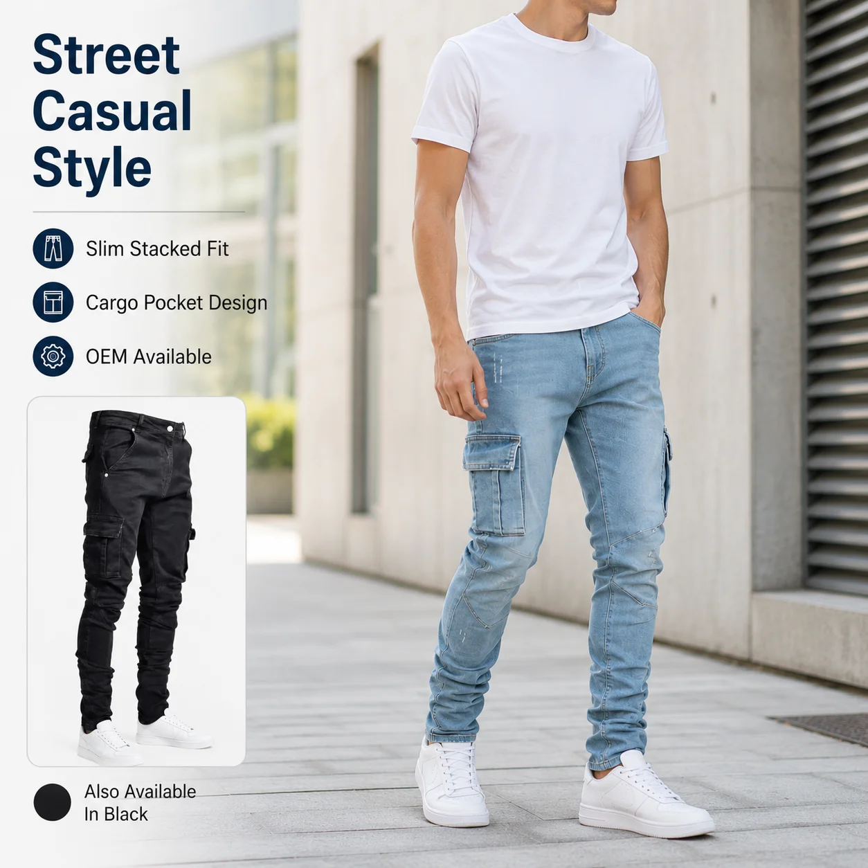 Men's Mid Waist Streetwear Denim Slim Fit Skinny Cargo Jogger Pants Korean Style Multi-Pocket Trendy Ins