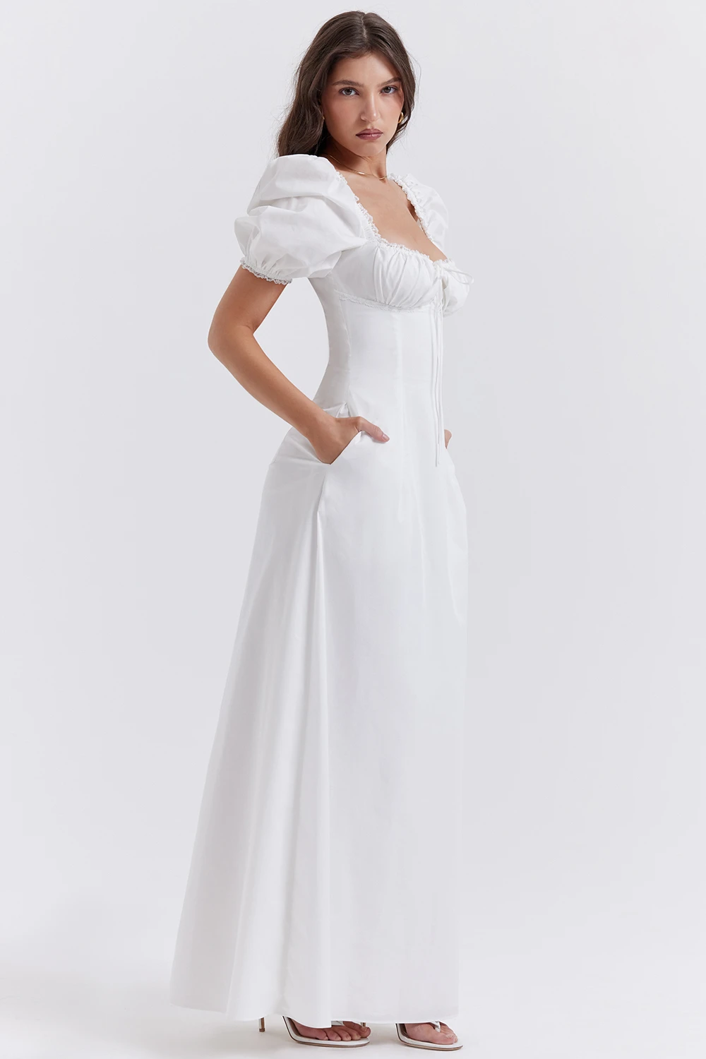 Custom Summer Women Backless Maxi Dresses Elegant White Bubble Sleeve Long Casual Dress