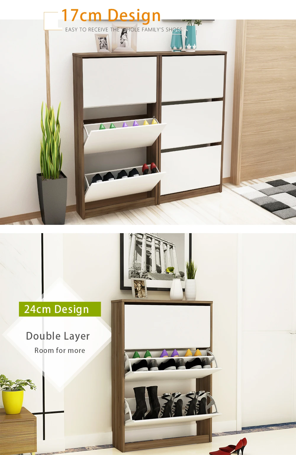 Nordic Wooden Ultra Thin Shoe 3 Flip Drawers Modern Slim Shoe