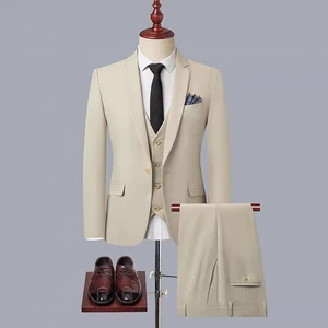 MEN 3 Piece Suit with a One-button Flat Lapel, Trousers and Vest  for Beige Wedding Suit Male Suit