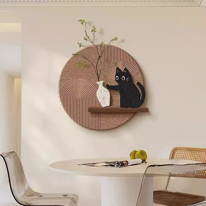 Round Textured Wall Decor With 3D Cats Wooden Shelf Minimalist Wabi Sabi Neutral Beige Home Living Room Kitchen Entryway