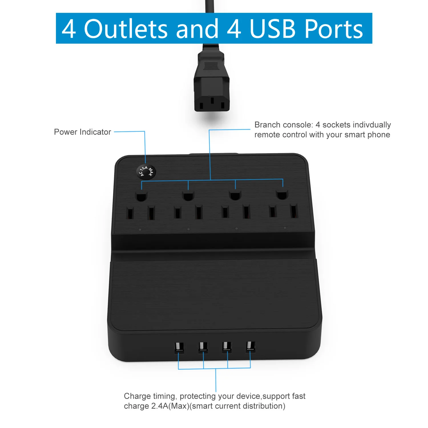 Smart Multi Plug Wall Mount Electrical Surge Protector Power Strip USB Extension Cord Socket 4 AC Outlet for Home Nightstand