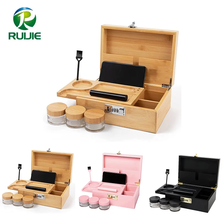 Custom Logo Lockable Bamboo Herb Hash Stash Box Smell Proof Wooden
