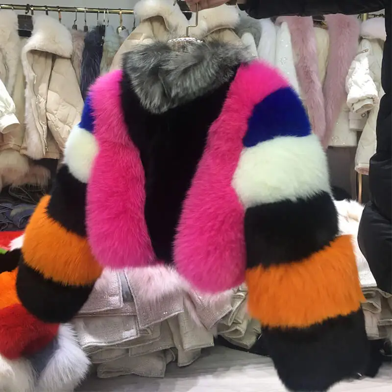 Webfurs Shop Our Trending Crop Fur Coat with Real Fox Fur Collar