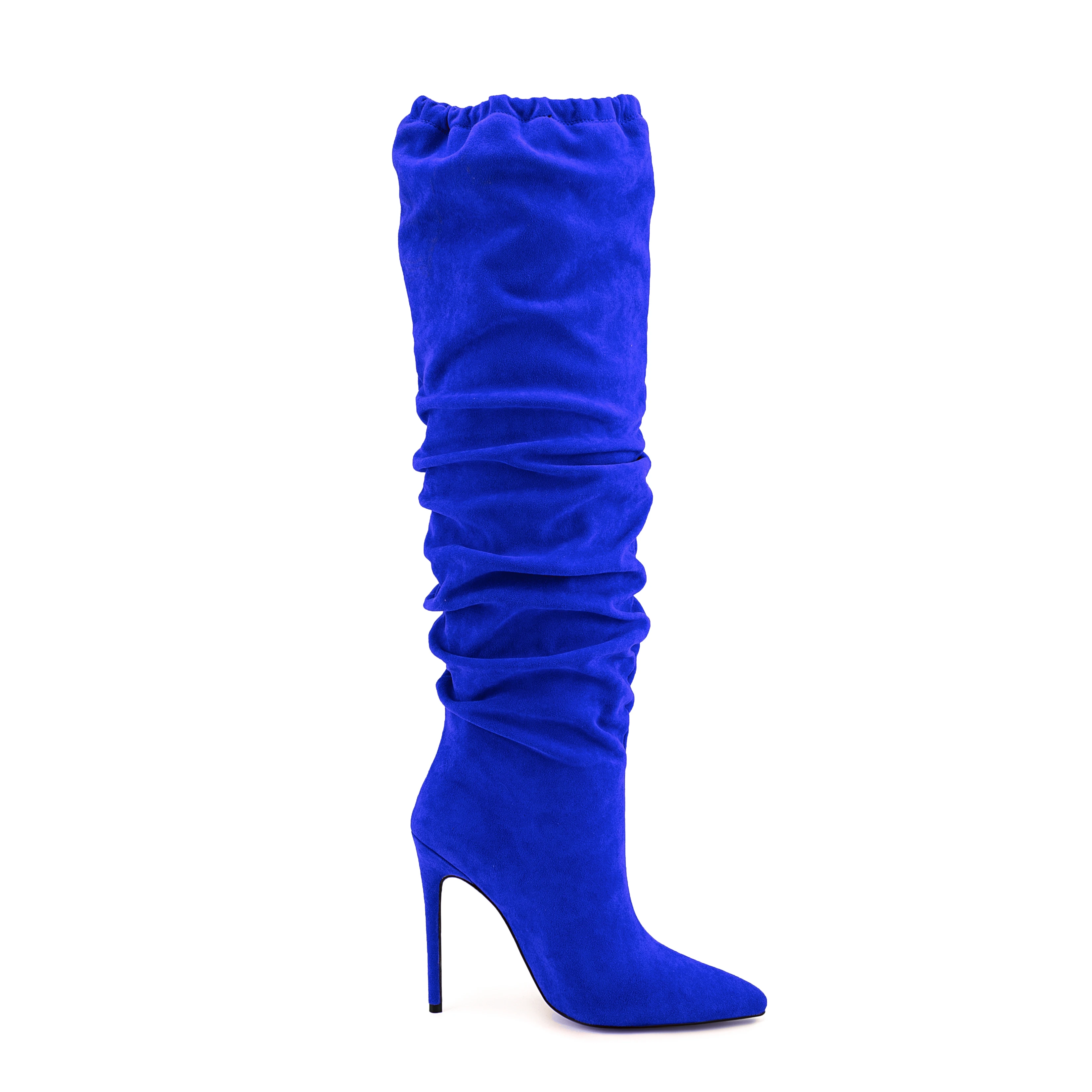 Bottes à talons aiguilles sexy à bout pointu pour femmes bleu royal en faux  daim Bottes hautes d'hiver à la mode et froncées