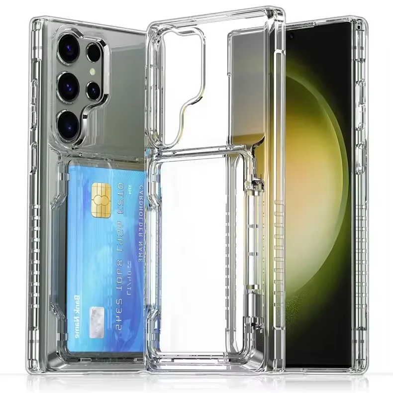Transparent PC Mobile Phone Case Cover with Card Holder Simple Luxury For Samsung S24 S23 S22 Plus Ultra