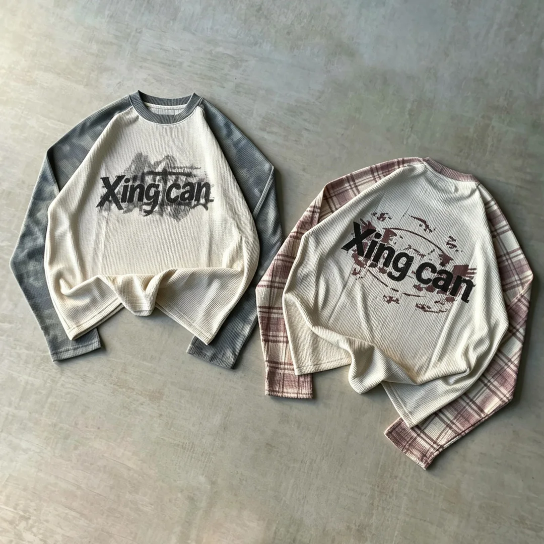 Aangepaste mans 100% katoen kort-langmou-T-hemp, skaakpatroon-raglan-gevoegde vintage-brief-skermdruk straatklere bokkie