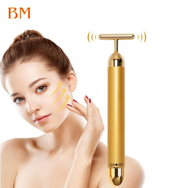 24k Golden Vibrating Facial Roller Massager T Shape Energy Beauty Bar  Face-lift Skin Tightening Anti-wrinkle Massage Roller