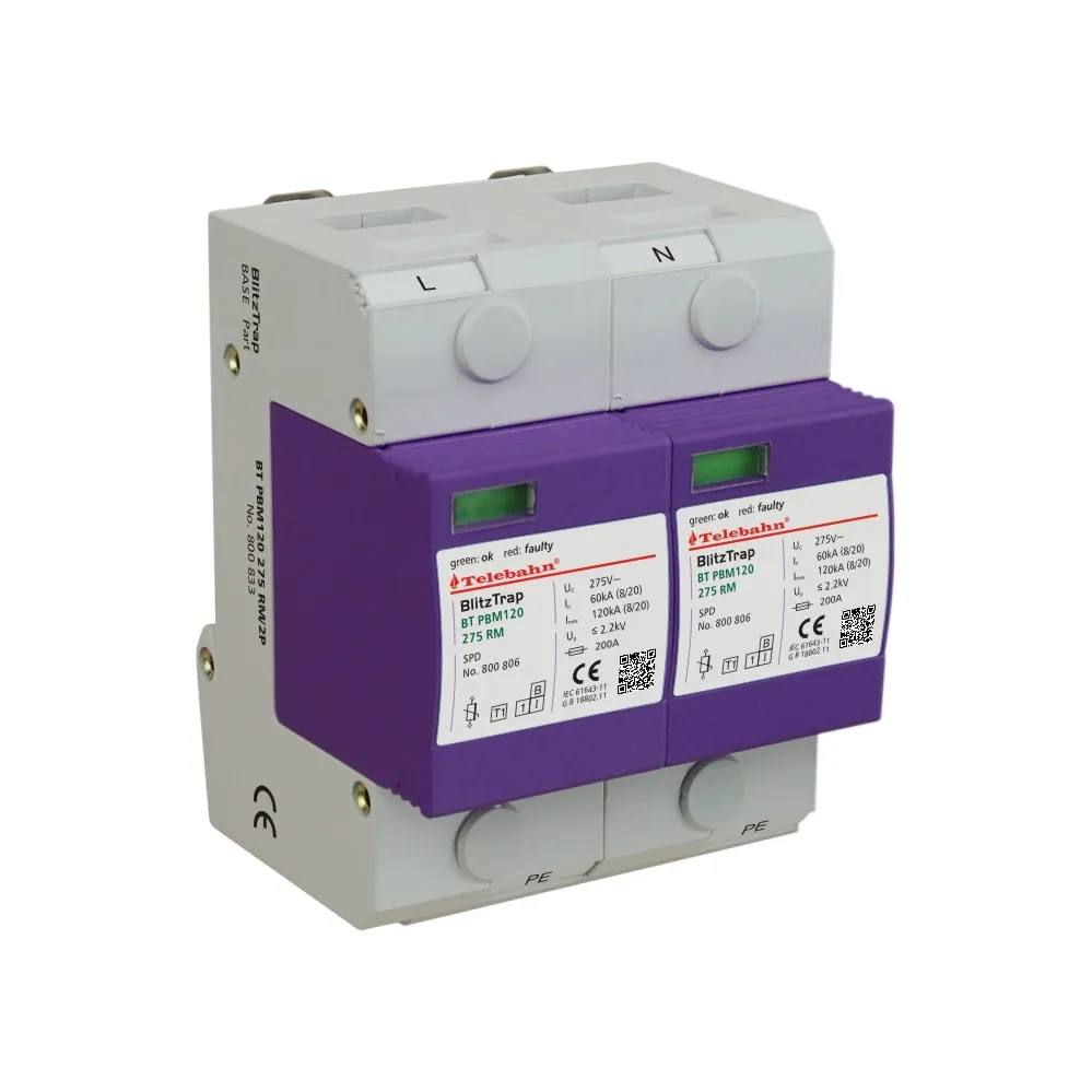 SPD AC T1 2P 275V In60kA/Imax120kA for Single-phase TN Power Supply System Lightning Protectors