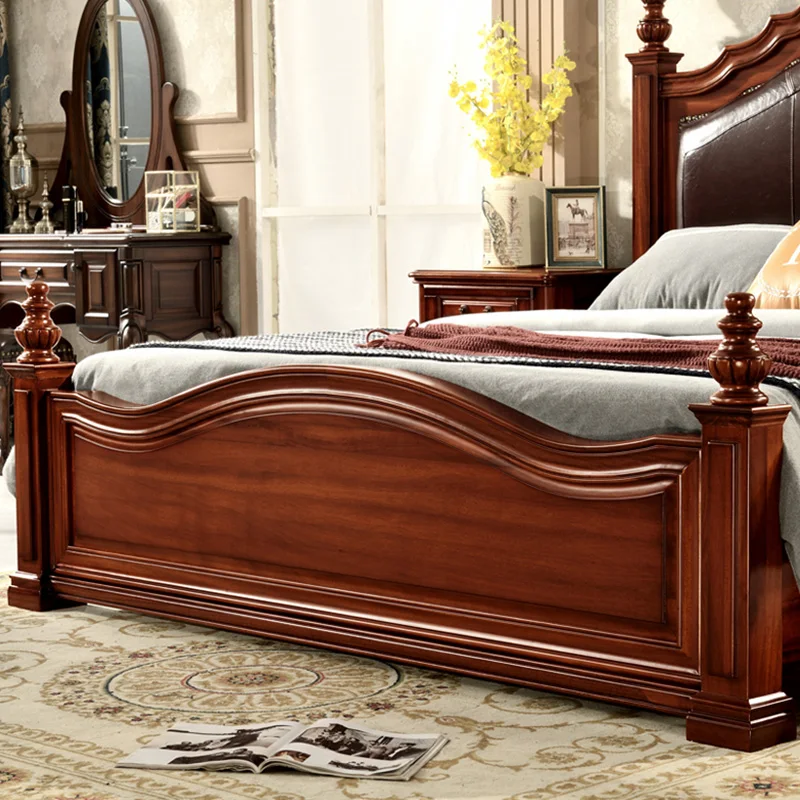 American-style Solid Wood King/queen-size Leather Double Bed with Roman Columns and Upholstered Headboard, Bedroom Furniture.