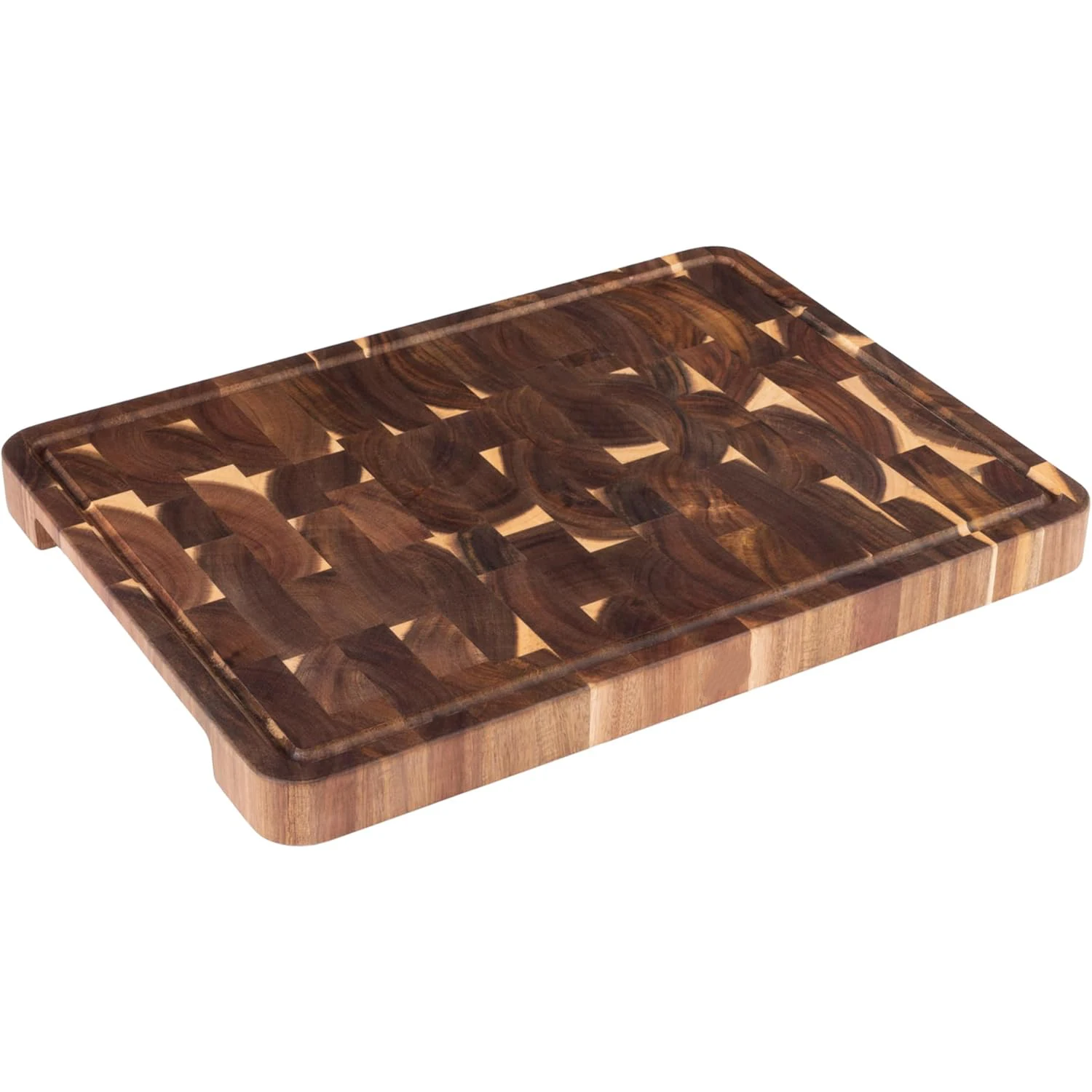 Wholesale Laser Engraved Acacia Wood End Grain Cutting Board Juice Groove Eco-Friendly Thick Design for Meat Vegetables Fruit