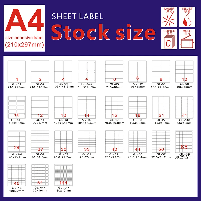 50 Sheets A4 Sticker 70X29.7 mm 30pcs In One A4 Sheet A4 Self adhesive  Sticker Printing Address Label For Inkjet Laser Printer