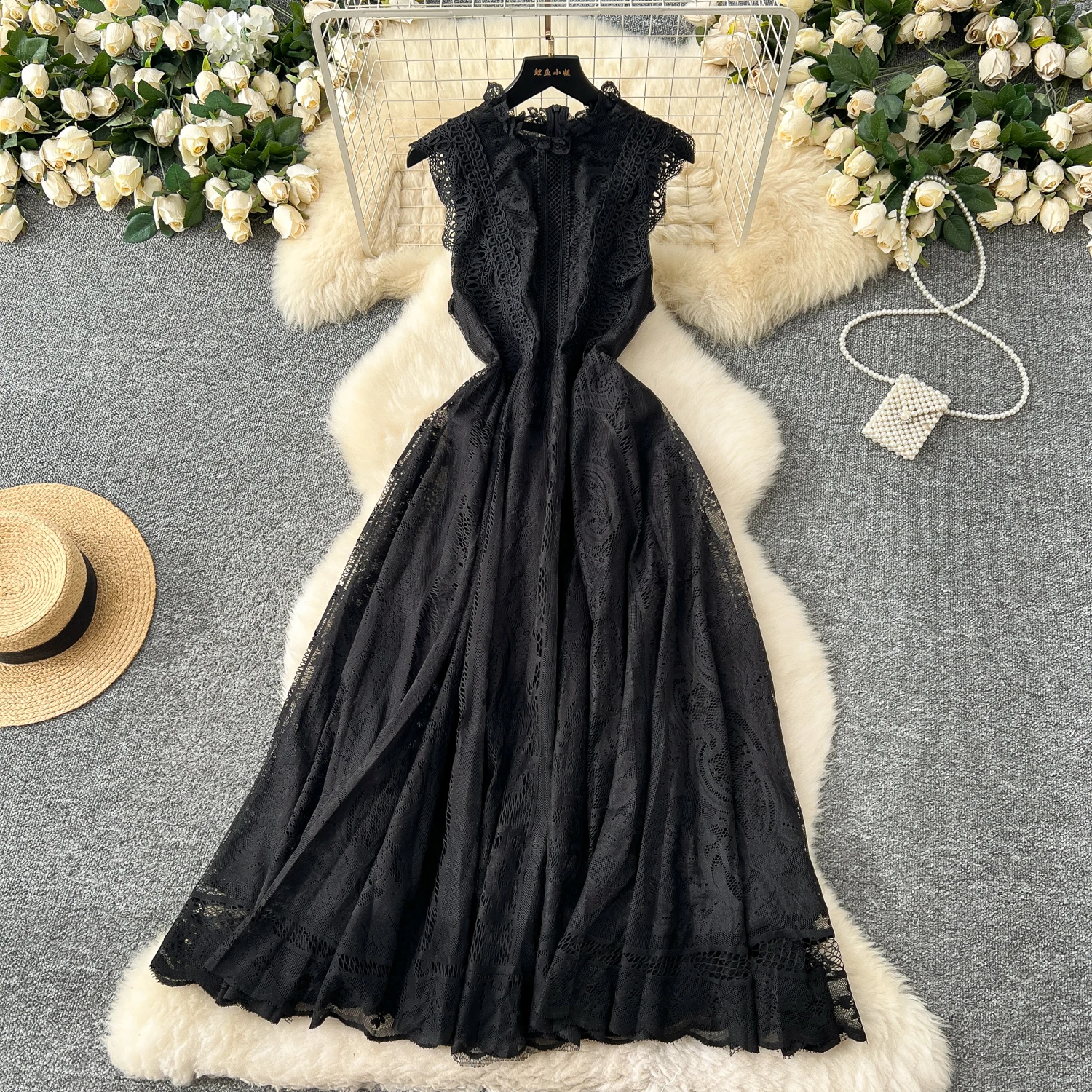 open lace back dress Le Palais Vintage Elegant Retro Long Sleeves Midi Black Cocktail Dress-Aurora Xs / Dress
