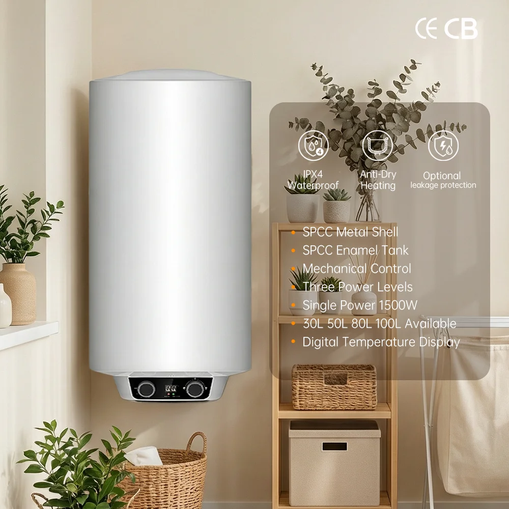 30L/50L/80L/100L CE CB Certified LED Display Metal Shell Wall-Mounted Storage Electric Water Heater for Household Hotel Use