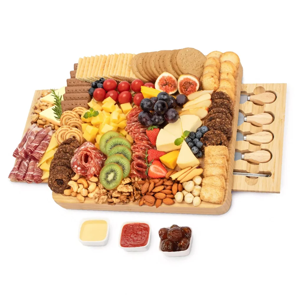 Customized Cheese Board With 2 Drawers With Knife, Bamboo Cheese Tray Kitchen