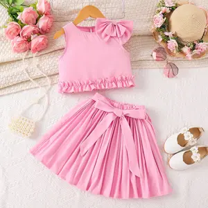 2026 New Arrivals High Quality Kids Clothes Ruffle Sleeveless Bowknot Vest Pleated Skirt Two Piece Summer Girl Clothing Sets