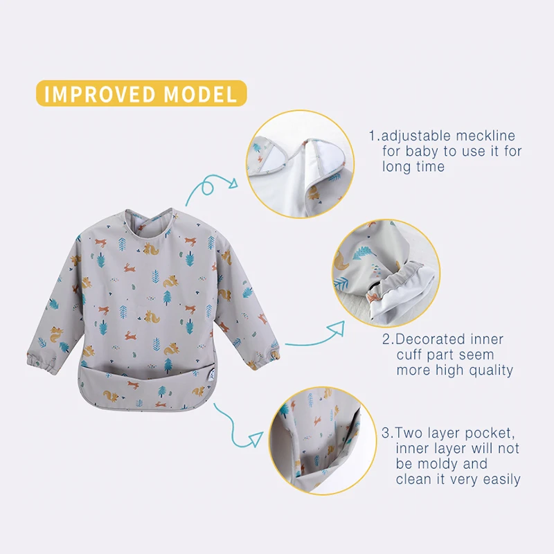 Baby PU Waterproof Bibs Infant Long Sleeve Drawing Apron Burp Cloths with Pocket Kids Feeding Bib Adjustable Baby Accessories manufacture