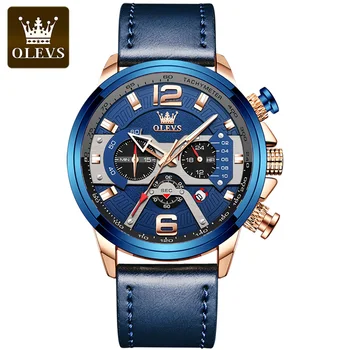 OLEVS 9915 Casual Sport Watches for Men Blue Luxury Military Leather Man Clock Fashion Chronograph Quartz WristWatch
