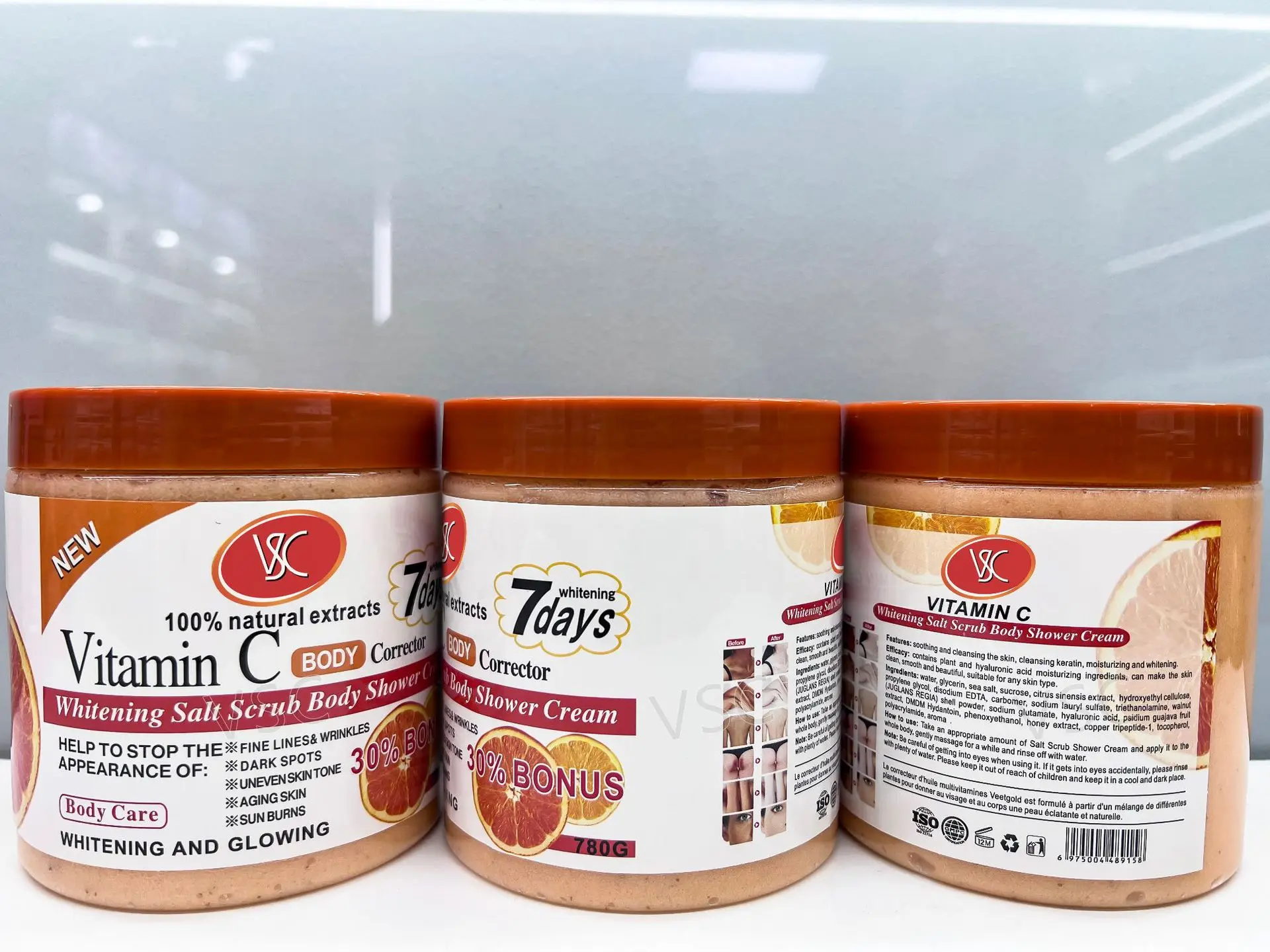 Gommage corporel au sel blanchissant au curcuma, crème de douche, vente en gros, éclaircissant, nettoyant pour le corps et le visage, exfoliant les taches brunes, soin de la peau