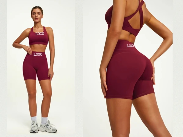 Wholesale Custom Logo 2 PCS Tummy Control Sportswear Set Seamless Cross Back Yoga Tops Scrunch Hot Sexy Yoga Bra for Women