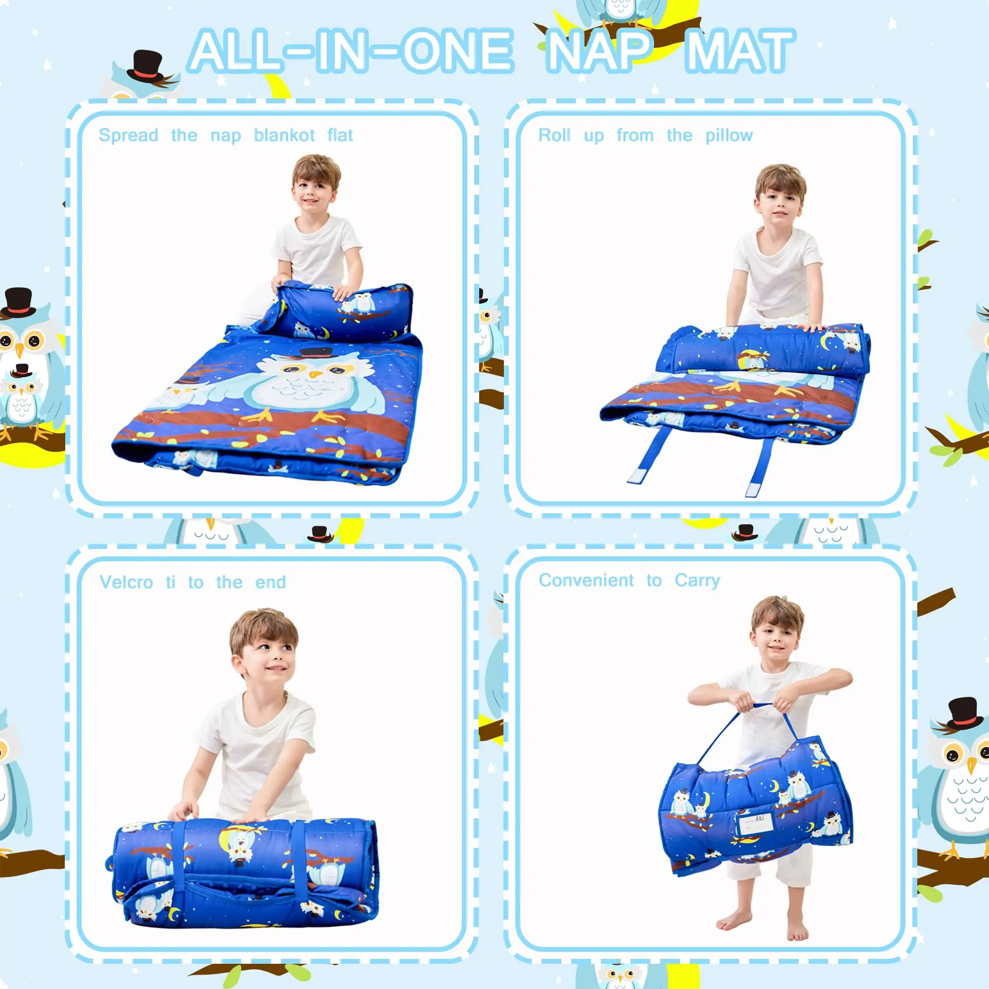 Aoyatex Kid nap mat suitable for preschool travel camping blur owl polyester fleece nap mat with pillow and blanket manufacture