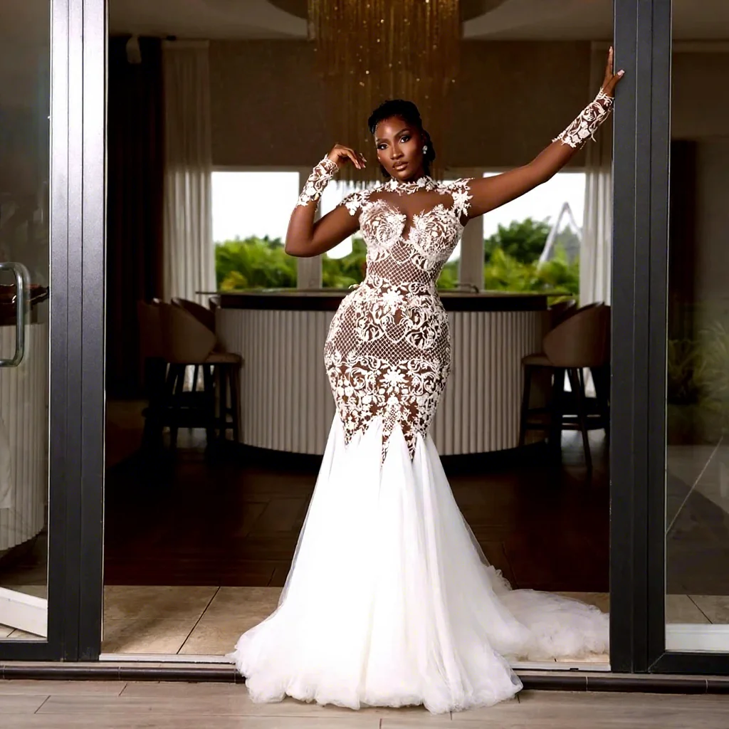 Africa Mermaid Wedding Dresses 2026 Lace Appliques Long Train Dresses  Illusion Sleeve O-Neck Customized Bridal Wedding Gowns| Alibaba.com
