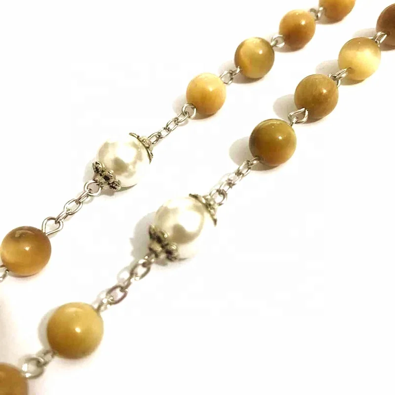 Rare 8MM Yellow Tiger Eye Jade Beads Rosary Cross CRUCIFIX CATHOLIC NECKLACE