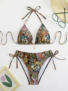 Factory Custom New Sexy Print Front Metal Two Piece Bikini Triangle Halter Swimsuit Women Side Tie High Waist Thong Swimwear