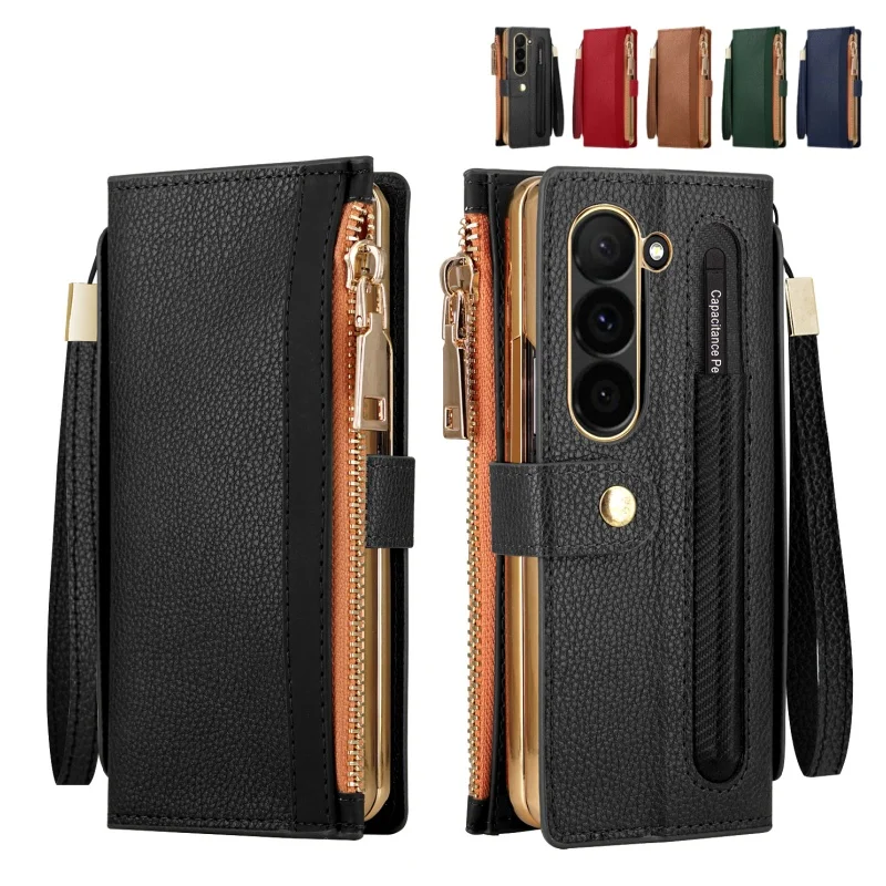 Zipper PU Leather Wallet Card Slots With Pen Solt Stand Case for Samsung Galaxy Z Fold 7 6 5 4 3 Wrist Strap With Tempered Glass