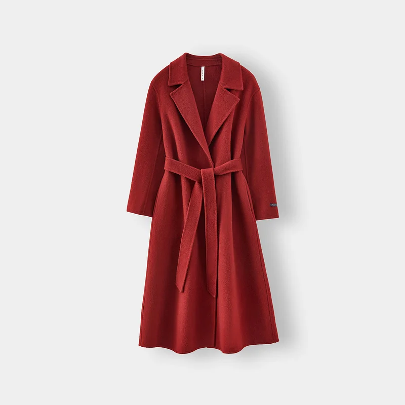 2025 Spring New Elegant Belted Long Cashmere Coat Loose Turn Down Collar Water Ripple Korea Wool Coat Ladies