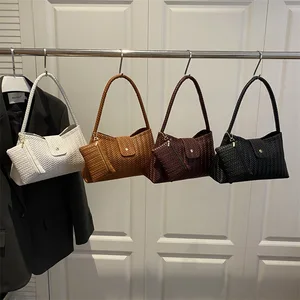 Ladies New Handbags 2 Pieces Set Woven Pattern PU Leather Underarm Shoulder Bags for Women