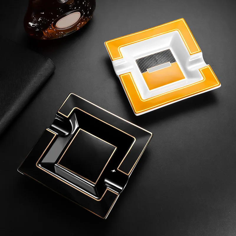 Фабричная Портативная Черная глазурованная прямоугольная Золотая фольга с ободом оптовая продажа небольшой керамической сигаретной пепельницы индивидуальным логотипом