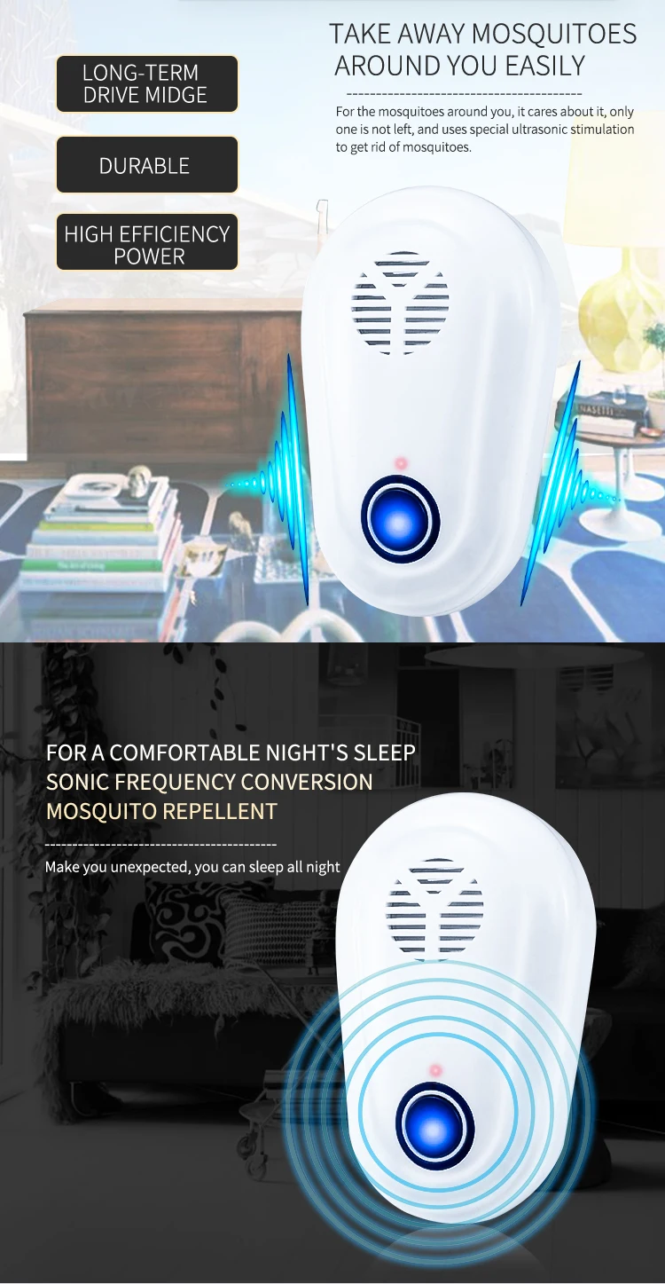 SAIJZEK OEM Eco-Friendly Indoor AC 110-240V Ultrasonic Pest Control Geckos Bug Spider Fly Repellent Anti Mosquito details