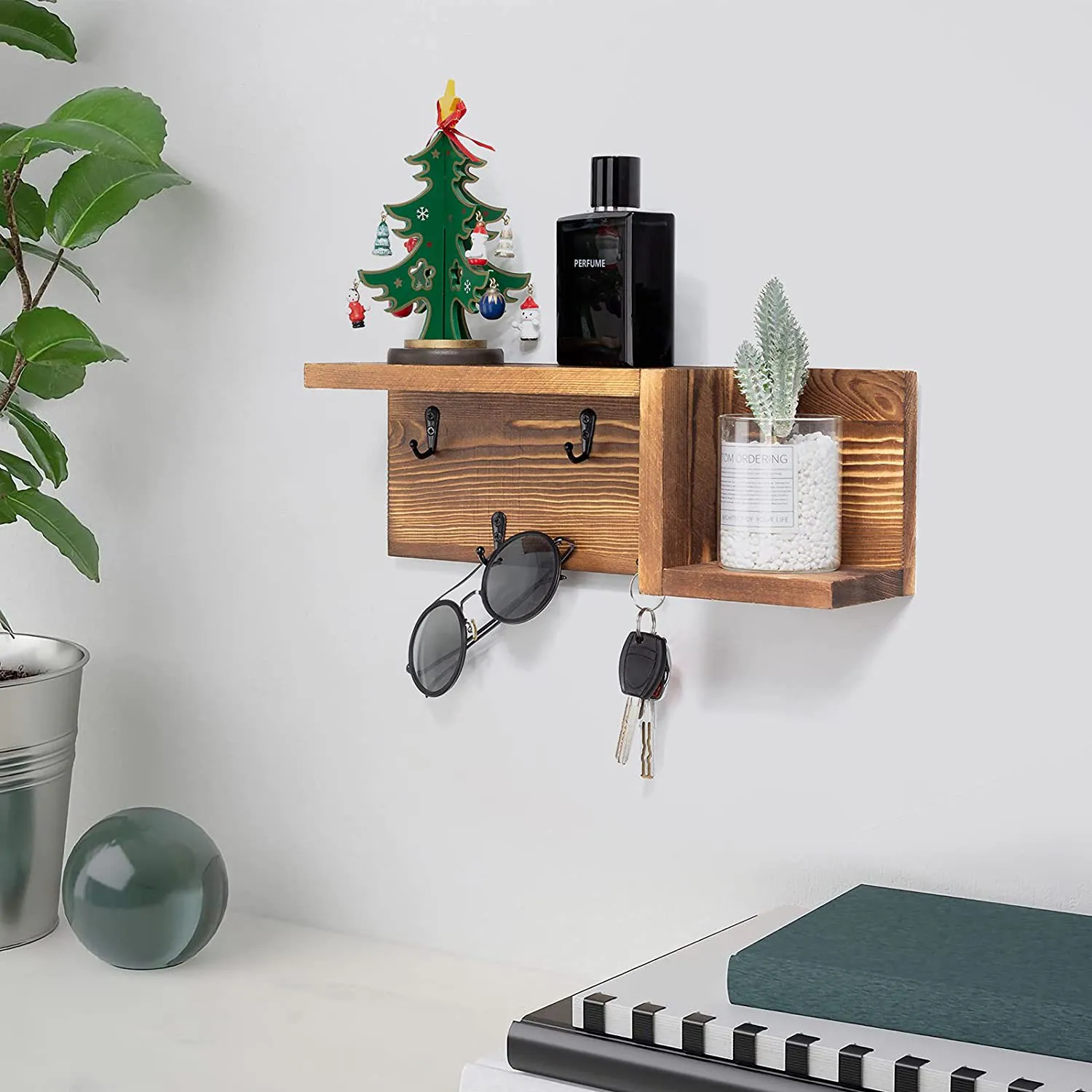 Mensola da parete in legno per portachiavi con 4 ganci, libreria in