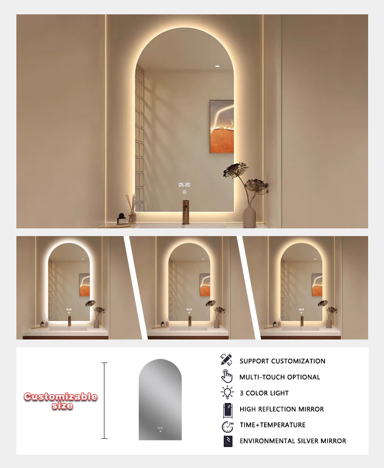 product custom size led arched wall bathroom arch shape anti foggy bathroom smart frameless shower mirror with light touch screen switch-4