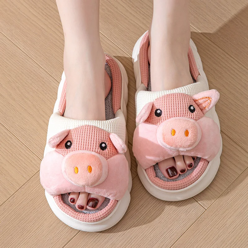 2024 Best Selling Cute Pig Penguin Linen Slippers for Women Soft