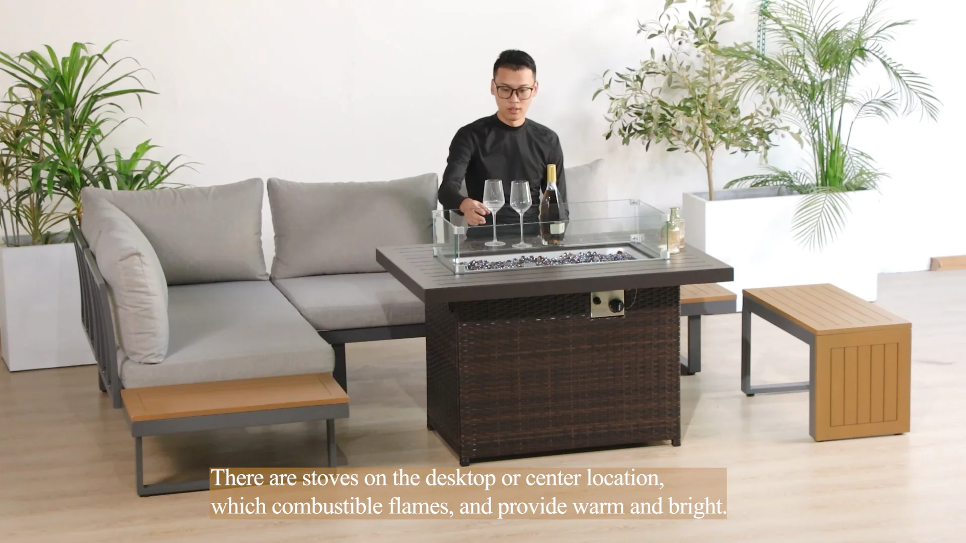 Modern Outdoor Fire Pit Table Aluminum Pe Rattan Sofa Set For Garden