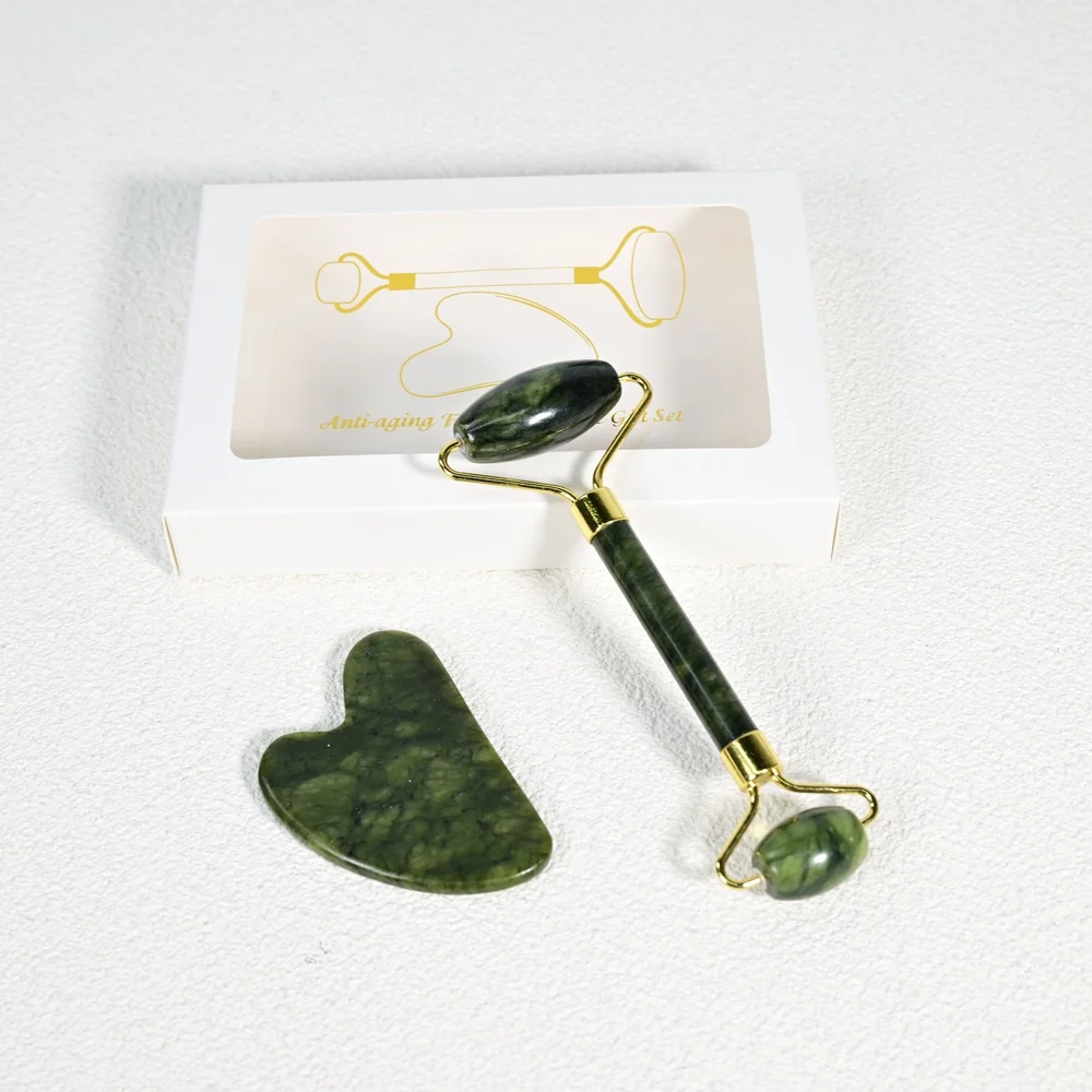 Wholesale Xiuyan green jade facial rollers – certified mini jade rollers and gua sha tools featuring custom logos.