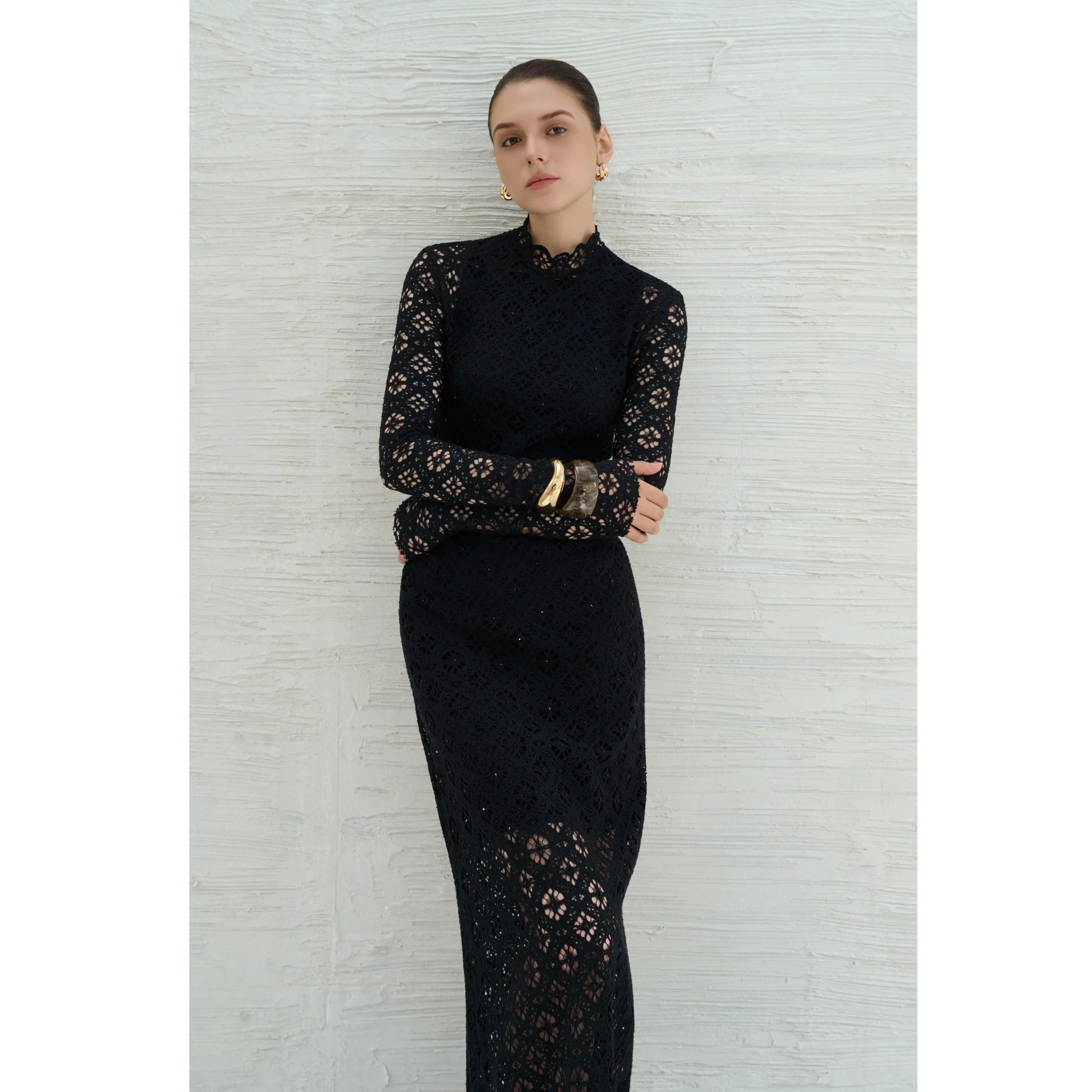 New Collection 2025 Dresses Women Casual ODM Service BINNAT EMB LACE LONG DRESS IVORY Elegant Long Sleeve Women Dresses