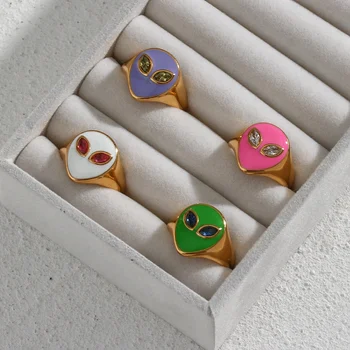 Trendy Colorful Alien-Shaped Gold Plated Stainless Steel Zircon Ring For Women Y2K Jewelry