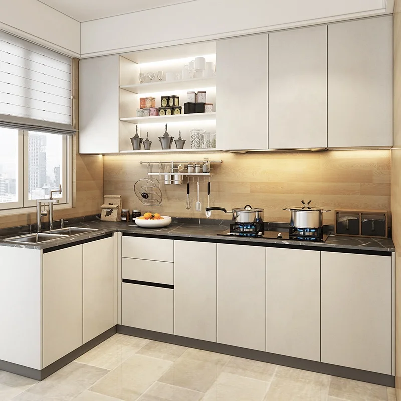 Sofeyia Moderne Minimalistische Offene Küche Hochglanz Beige Küchenschränke Mit Spüle,Armatur Und Schubladenkorb