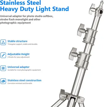 Neewer 118"/3m Stainless Steel Light Stand, Spring Cushioned Heavy Duty Photography Tripod Stand With 1/4 to 3/8 Universal detail image