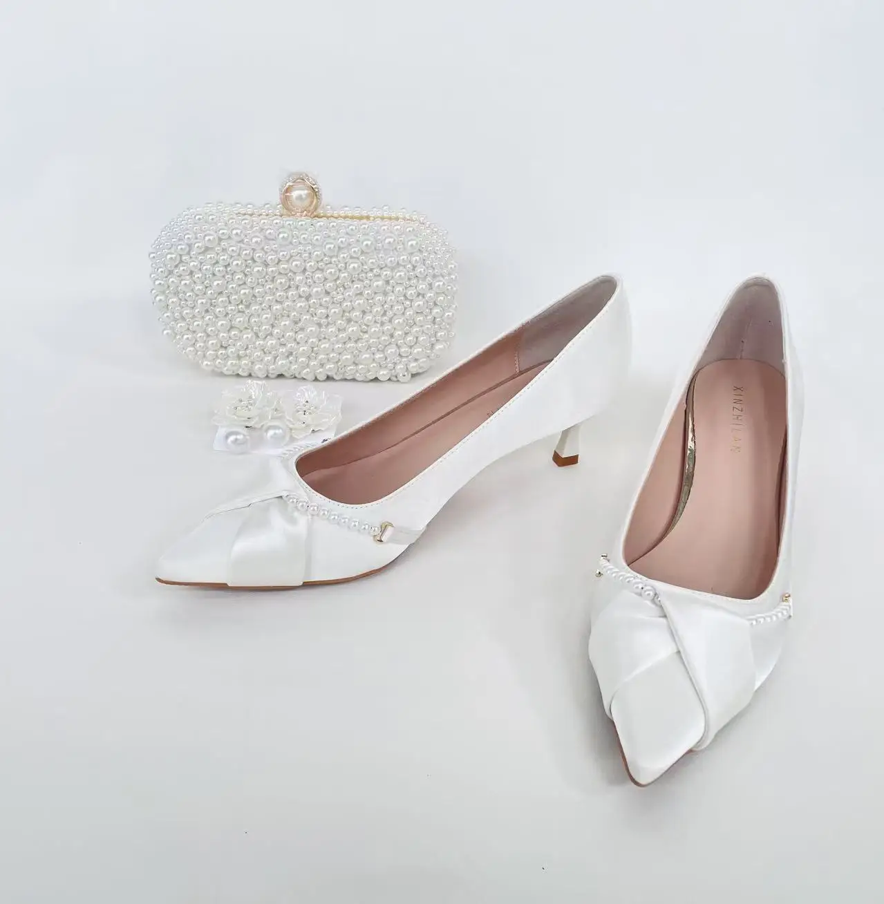 Ladies Bride Shoe Pointed Toe Stiletto Wedding Shoes Set White Silk Bow Large Size 5 Cm Heel Wedding Shoes For Bride - Image 6