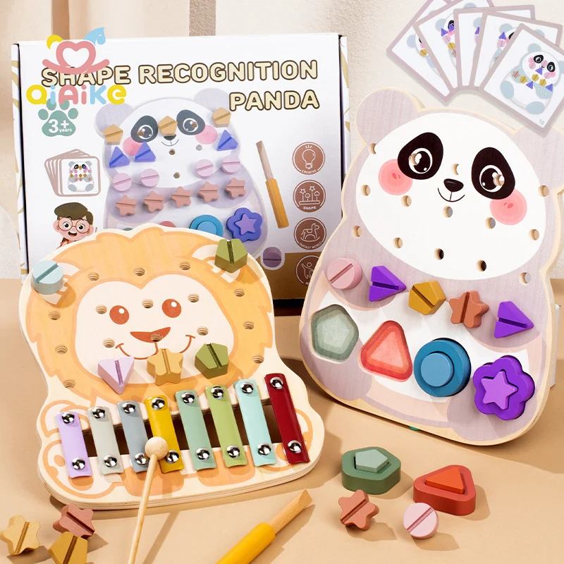 ODM Cartoon-Tiere Xylofon Montessori Feinmotorik-Förderung Pädagogisches Holzspielzeug Schraub- und Klopf-Piano Form EN71-zertifiziert Neu